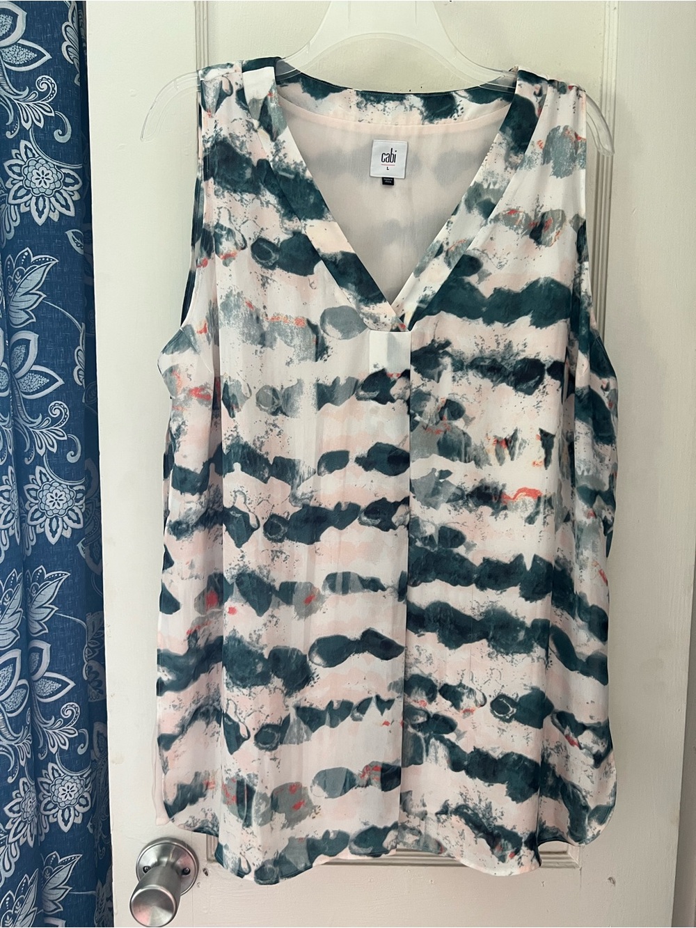 CAbi Sleeveless V-Neck Painted Stripe Blouse in Teal, White and Coral